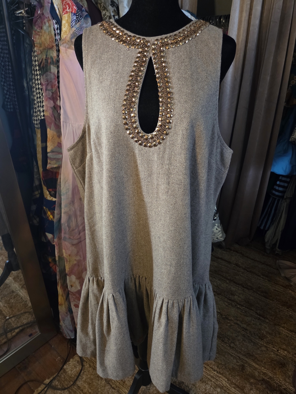 Anthropologie Taupe Beaded Keyhole Midi Dress